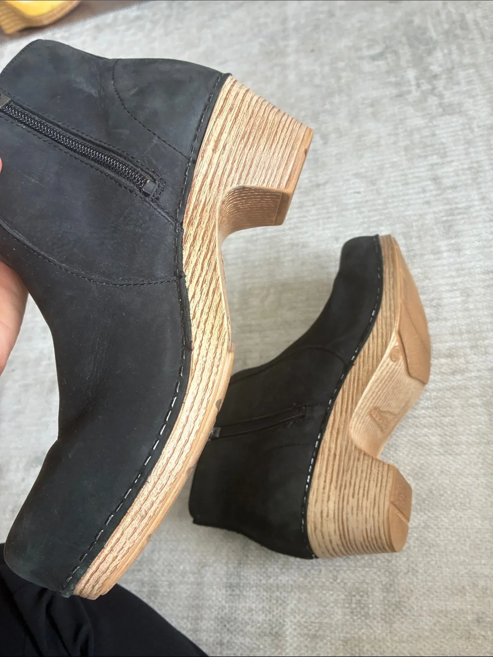 Dansko Black Suede Ankle Booties with Wood-Look Heel
